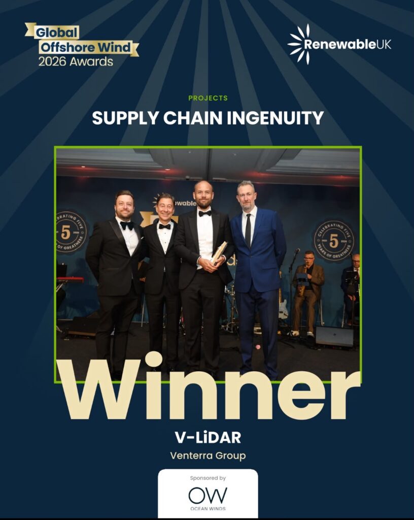 The Partrac and Venterra team celebrates V-LiDAR winning the Supply Chain Ingenuity Award at the Global Offshore Wind Awards 2026.